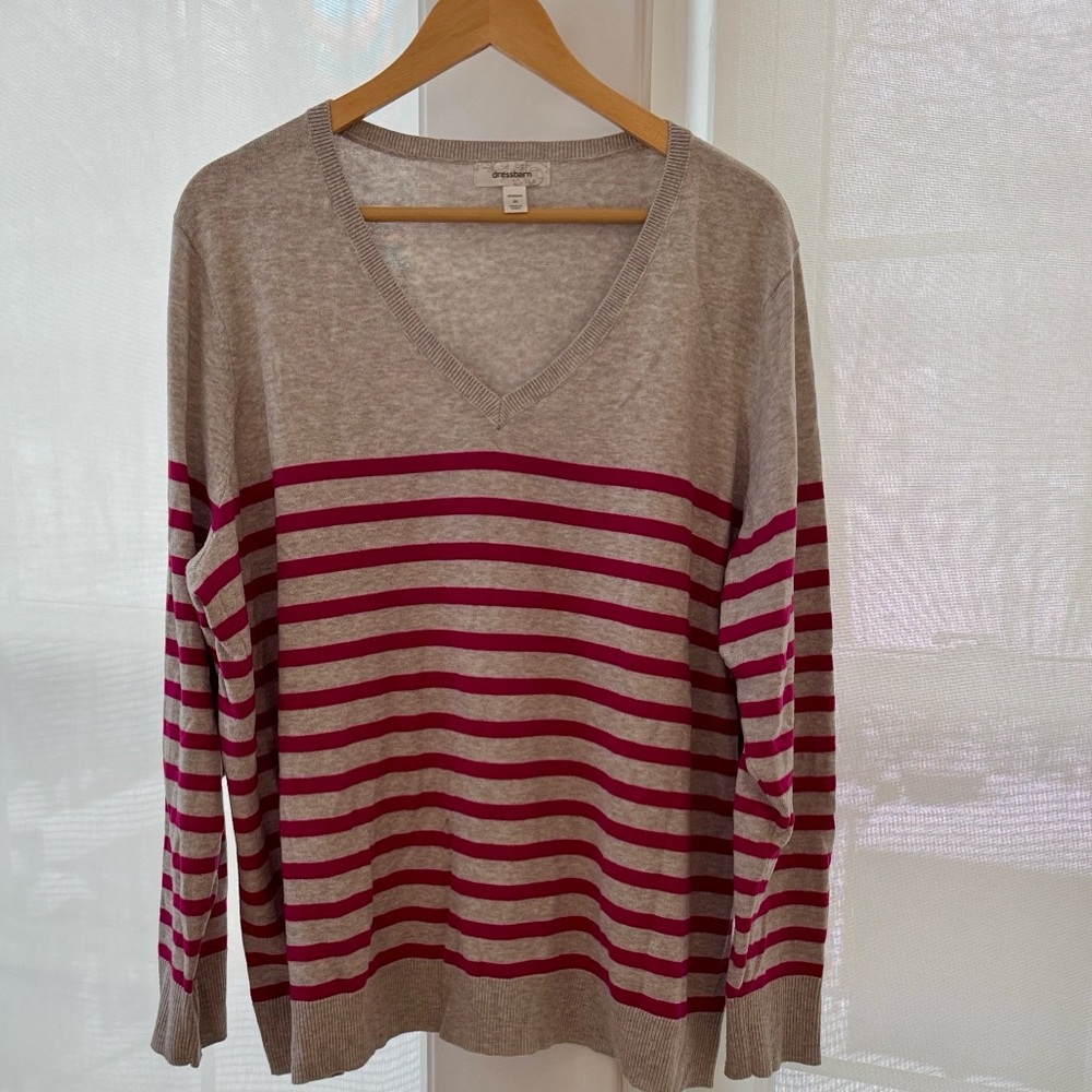 Dressbarn Timeless 3X Gray and Pink Striped V-Neck Sweater